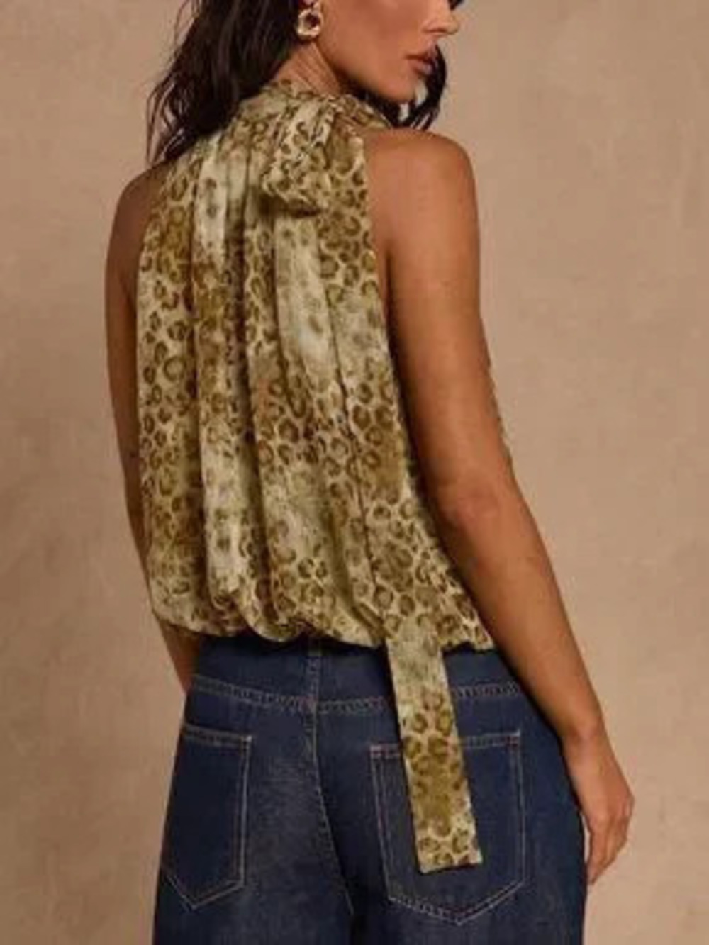 ZARA Multicolor Boho Women's Leopard Print Tie Neck Sleeveless Peplum Blouse